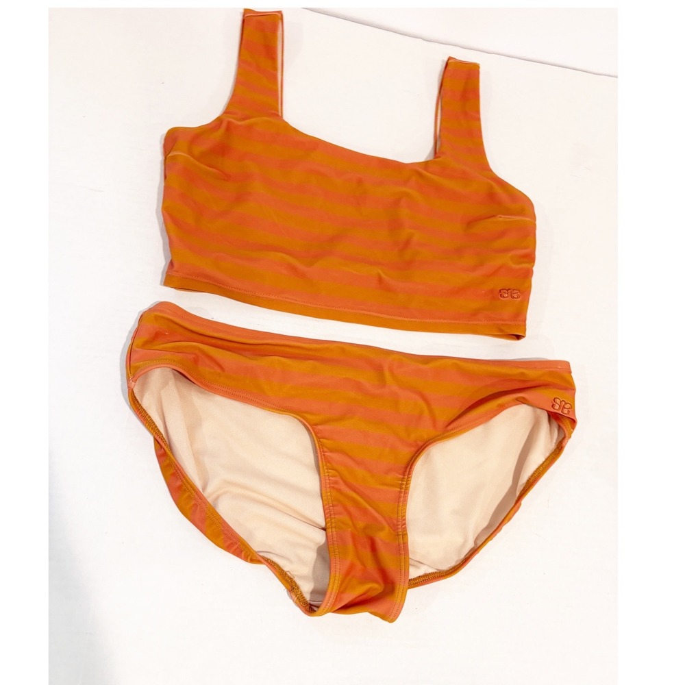 Albion Fit Orange Striped Bikini Set Square Neck Top M Low‎ Rise Bottoms L
